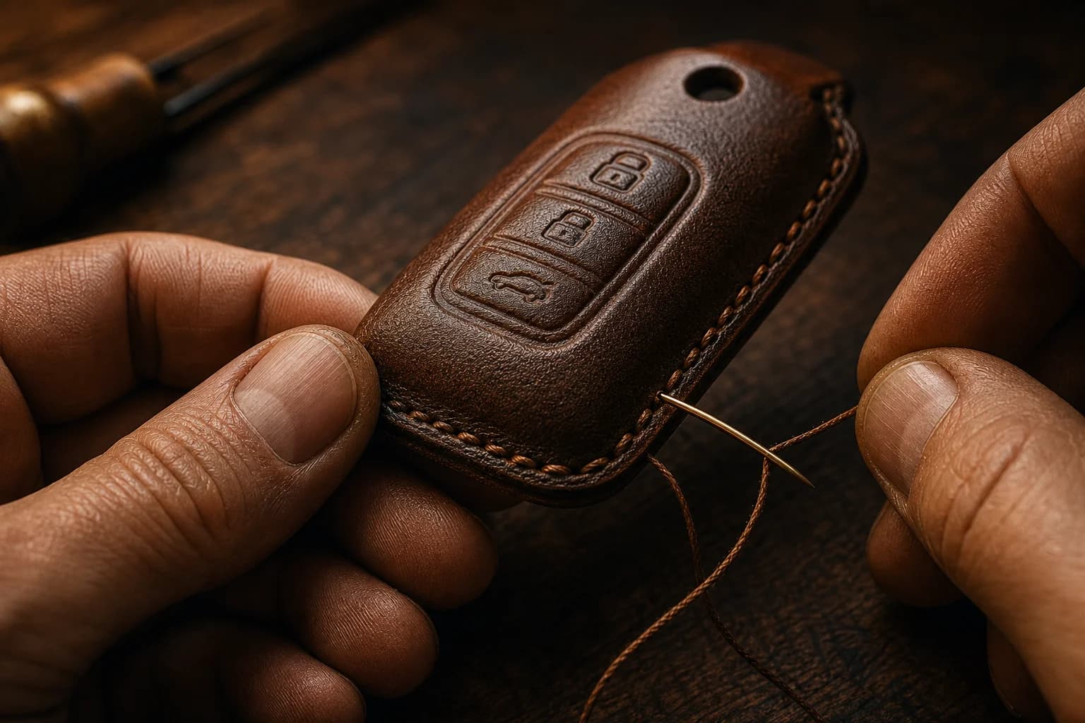 Genuine cowhide leather key fob cover being hand-stitched