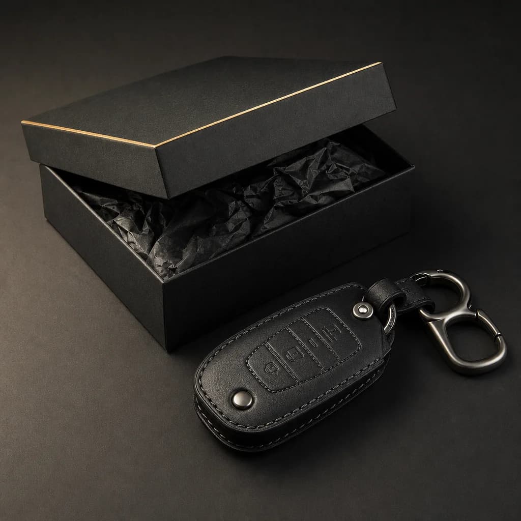 Keyvane gift box with black leather key fob cover and metal keychain